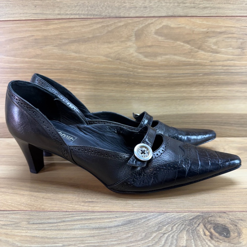 Brighton Trent Pumps 10 M Black Leather Button Mary Jane Pointed Croc Wingtip